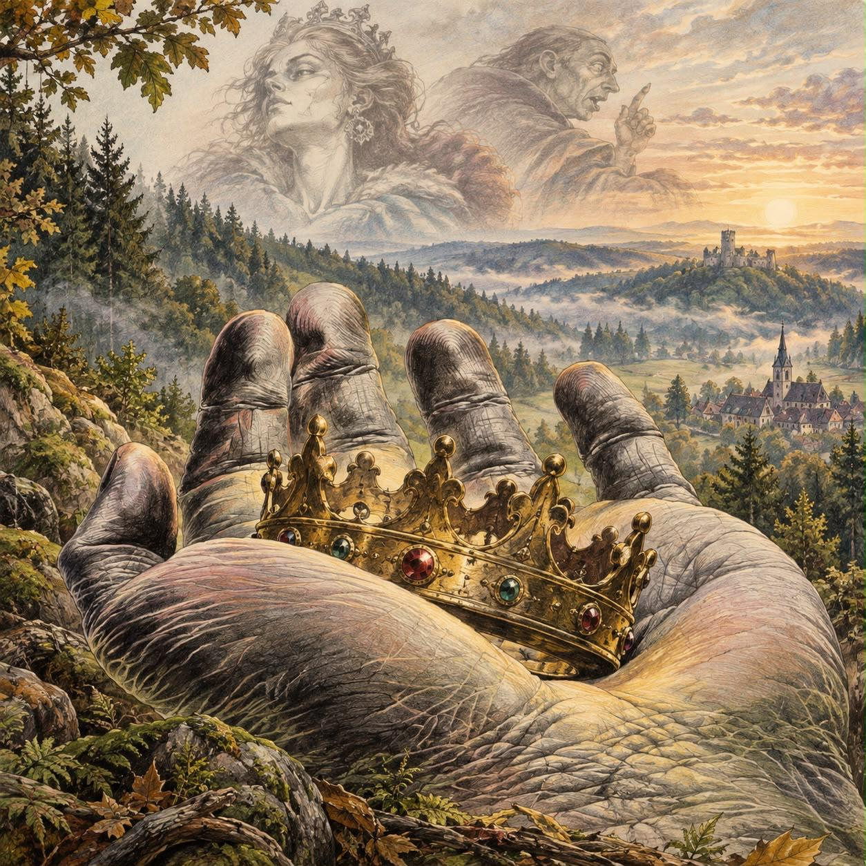 Illustration zum Märchen: Eine steinerne Hand hält eine goldene Krone im Wald